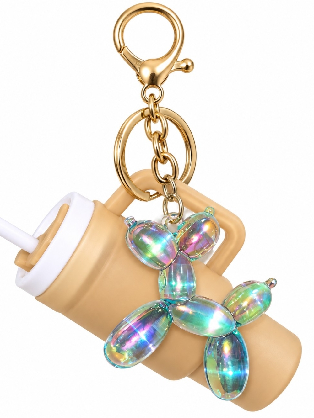 Gold Clip Iridescent Balloon Dog Keychain with Beige Tumbler Charm